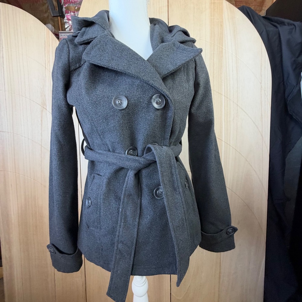 Yoki Peacoat Womens Small Gray Hooded Belted Double Breasted Trench Jacket